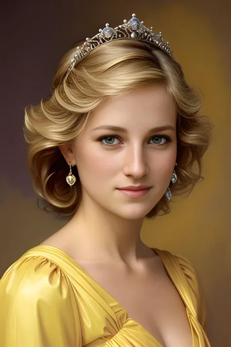 diana, yellow background color, headshot, tiara, seductive smile expression, impasto oil paint, pearlescent, shimmering, reflective, rim light, detailed background, by Ruan Jia and Mandy Jurgens and William-Adolphe Bouguereau, Artgerm,