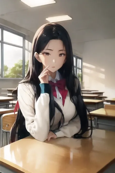 masterpiece, best quality, beautiful lighting, irene \(red velvet\), irene1, vivid colors, 1girl, solo, long hair, black hair, classroom, extremely delicate and beautiful, sitting on desk, anime illustration, upper body, school uniform, beautiful face