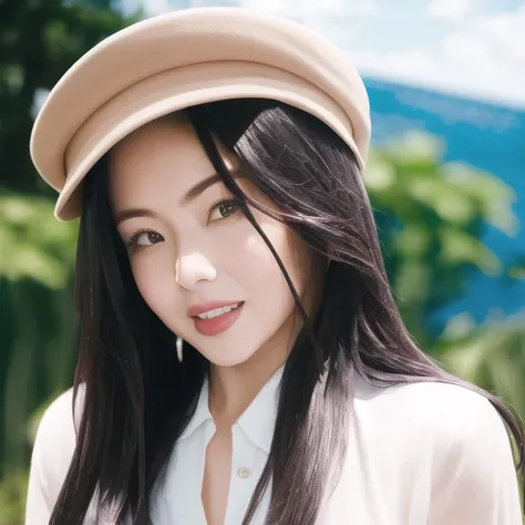 masterpiece, (photorealistic:1.5), best quality, beautiful lighting, real life, irene \(red velvet\), solo, long hair, dark hair, long sleeves, 1girl, hat, outdoors, ocean, intricate, high detail, sharp focus, dramatic, beautiful girl , (RAW photo, 8k uhd, film grain), caustics, subsurface scattering, reflections, cowboy shot