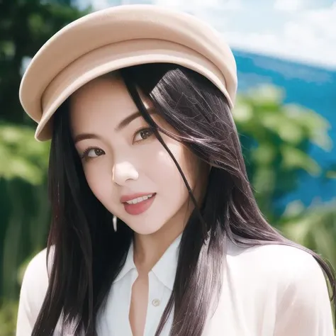 masterpiece, (photorealistic:1.5), best quality, beautiful lighting, real life, irene \(red velvet\), solo, long hair, dark hair, long sleeves, 1girl, hat, outdoors, ocean, intricate, high detail, sharp focus, dramatic, beautiful girl , (RAW photo, 8k uhd, film grain), caustics, subsurface scattering, reflections, cowboy shot