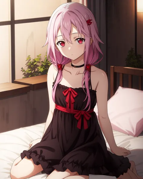 black dress, yuzuriha_inori,wariza,on bed,bare shoulders,