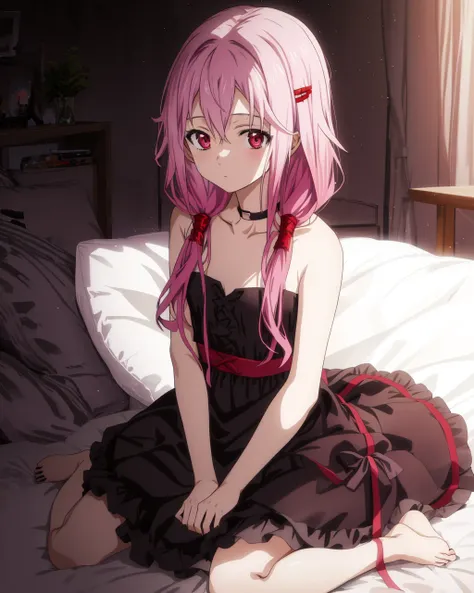 black dress, yuzuriha_inori,wariza,on bed,bare shoulders,