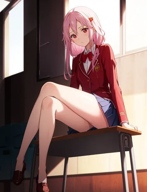 uniform, yuzuriha_inori,sitting,classroom,bare legs,
