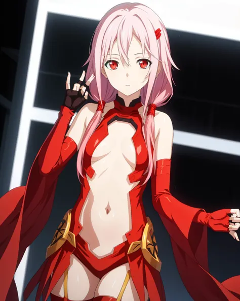 red dress, yuzuriha_inori,center_opening, detached_sleeves, bare_shoulders, hair_ornament, elbow_gloves, thighhighs,hairclip, gloves, solo, fingerless_gloves, looking at viewer, bare navel,