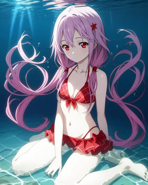 bikini, yuzuriha_inori,twintails,red eyes,wariza,underwater,