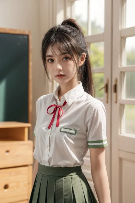 1girl, solo, best quality, ultra high res, an extremely delicate and beautiful, extremely detailed ,CG ,unity, 8k wallpaper, RAW photo, (photorealistic:1.3), masterpiece, (realistic:1.3), ((in the floating castle, depth of field)), ((dynamic composition, cinematic lighting, studio quality)), (medium breasts, cleavage, looking at viewer), <lora:add_detail:1>, <lora:skinny_new_skin:0.2> detailed skin, skin blemish, <lora:breastsizeslideroffset:-0.35>,  <lora:LoRA_Iwato_Suzume:1>, brown eyes, black hair, long hair, shirt, white shirt, ponytail, short sleeves, school uniform, bangs, collared shirt, ribbon, skirt, neck ribbon, pleated skirt, red ribbon, hairclip, green skirt