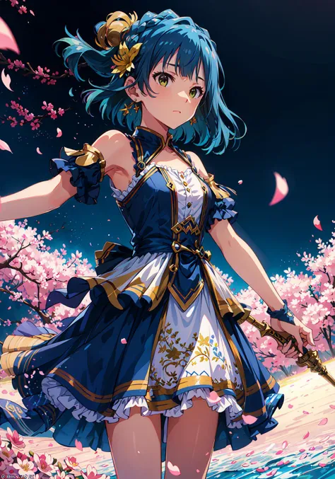 yuriko nanao (million live), (best quality, 8K, masterpiece, ultra detailed:1.2), cinematic angle, colourful paint splashes on background,
sparkle, light particles, fighting,
1girl, solo, dress, weapon, earring, standing, cool, floating petals, lily hair ornament,