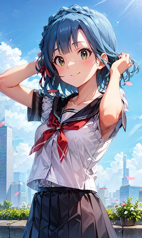 yuriko nanao (million live), (best quality, 8K, masterpiece, ultra detailed:1.2), cinematic angle,
day, dappled sunlight, blue sky, beautiful clouds, cityscape, lens flare, sparkle, light particles, wide shot,
1girl, solo, skirt, smile, looking at viewer, sailor collar, pleated skirt, short sleeves, school uniform, blush, serafuku, collarbone, ribbon, upper body, adjusting hair, wind, floating hair,