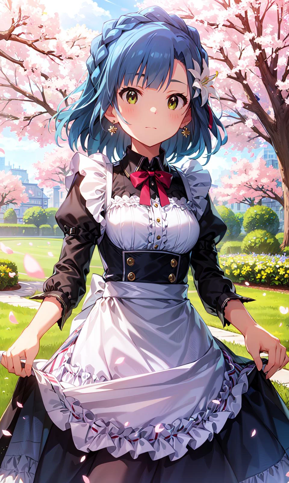 yuriko nanao (million live), (best quality, 8K, masterpiece, ultra detailed:1.2), cinematic angle,
flowery meadow, sparkle, light particles, garden,
1girl, solo, maid, maid headdress, apron, weapon, earring, cute, floating petals, lily hair ornament, staning, skirt lift, cherry blossoms,