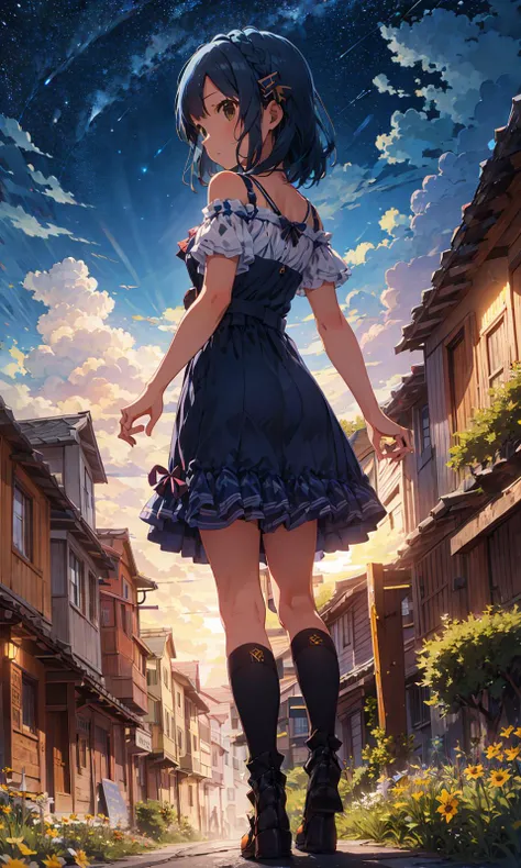 yuriko nanao (million live), (best quality, 8K, masterpiece, ultra detailed:1.2), wide shot, depth of field,
night, gredient sky, starry sky, beautiful clouds, constellation, grassland, wildflowers, surreal colors, glowing foliage, otherworldly atmosphere, cobblestone streets,
1girl, solo, collarbone, ribbon, adjusting hair, wind, floating hair, from behind, arms behind back, full body, looking ahead,