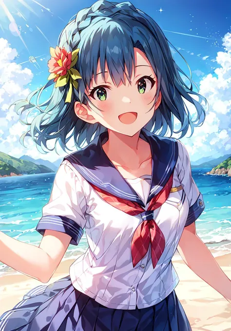 yuriko nanao (million live), (best quality, 8K, masterpiece, ultra detailed:1.2), dynamic pose, cinematic angle, light particles, sparkle, beautiful detailed eyes, shiny skin, shiny hair,
sea, day, dappled sunlight, blue sky, beautiful clouds, beach,
1girl, solo, skirt, smile, cute, happy, open mouth, sailor collar, shirt, pleated skirt, short sleeves, :d, school uniform, serafuku, collarbone, hair flower, looking at viewer, upper body, hairband,