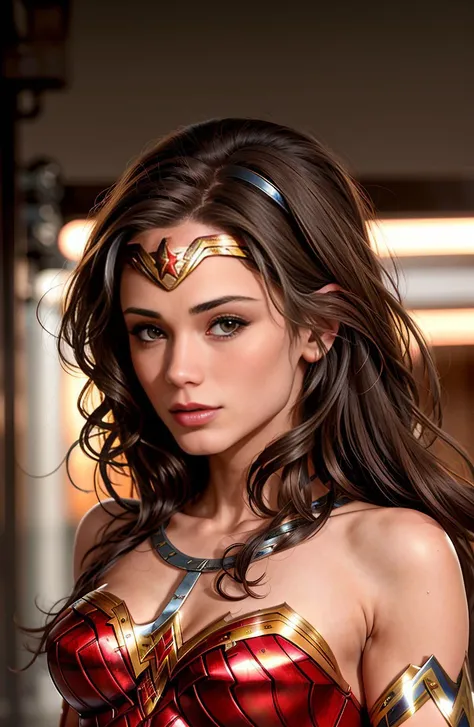 Lucy pinder, mouth wide open, ((VERY INTENSE MAKEUP)), neckline, voluptuous, ADELE, play guitar, wonder woman