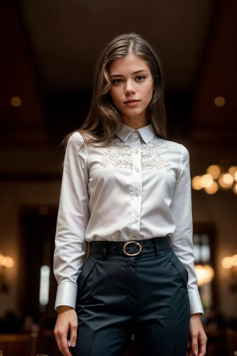 <lora:LittleCaprice_v1.0:0.8> LittleCaprice, (((standing in a fancy_restaurant))), modelshoot style, (extremely detailed CG unity 8k wallpaper), photo of the most beautiful artwork in the world, professional majestic (photography by Steve McCurry), 8k uhd, dslr, soft lighting, high quality, (film_grain:1.2), (bokeh, blurry foreground, blurry background), Fujifilm XT3 sharp focus, f 5.6, High Detail, Sharp focus, dramatic, (looking at viewer:1.2), (((wearing blouse, chino_pants))), (detailed pupils:1.3), (natural light), (((medium-long shot:1.3))), epiCPhoto, <lora:add_detail:0.5>