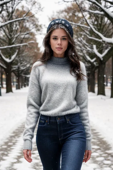 <lora:LittleCaprice_v1.0:0.8> LittleCaprice, (((walking in a park in winter))), (((snow))), modelshoot style, (extremely detailed CG unity 8k wallpaper), photo of the most beautiful artwork in the world, professional majestic (photography by Steve McCurry), 8k uhd, dslr, soft lighting, high quality, (film_grain:1.2), (bokeh, blurry foreground, blurry background), Fujifilm XT3 sharp focus, f 5.6, High Detail, Sharp focus, (((cashmere_sweater, winter_coat, jeans_pants))), (looking at viewer:1.2), (detailed pupils:1.3), (natural light), (((medium-long shot:1.3))), epiCPhoto, <lora:add_detail:0.5>