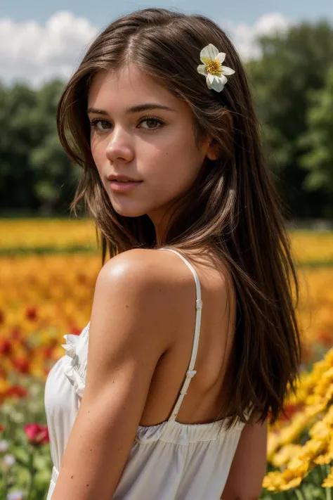 lana Rhoades smiling, nude art position, body Complete wearing a feathered headdress, surrounded by lush greenery and roses , highly detailed, anthropomorphic quality, photorealistic image, soft natural light, shot with a Canon EOS R5, from a medium shot angle, shutter speed 1/250s, ISO 400, shallow depth of field, 85mm lens, f/1.8, Ilford film stock --ar 3:4 --v 6 --style raw --s 750