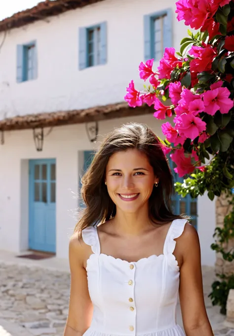 cinematic film still <lora:LittleCaprice_SDXL_v1.0:1>
close-up fashion portrait of (((ohwx woman))) posing fashionably modern while soaking up the charm of a traditional Cypriot village. Smiling as she takes in the sights of the local area outside a whitewashed house adorned with vibrant bougainvillea flowers. Cobblestone street and rustic architecture in the background, capturing the essence of village life. Captured with natural light and a wide aperture, blurring the background slightly for a storybook feel.