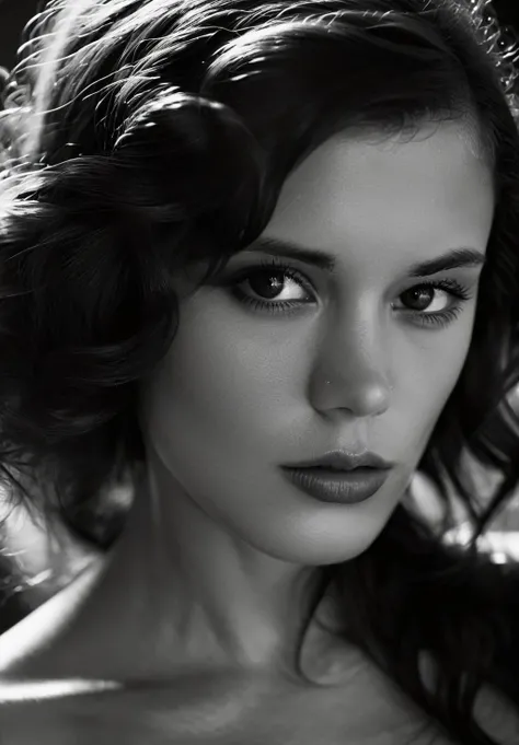cinematic film still <lora:LittleCaprice_SDXL_v1.0:1>
High fashion editorial, ohwx woman with windswept, dark chocolate waves, intense gaze accentuated by dramatic smoky eye makeup, bathed in stark studio lighting with deep shadows sculpting her features. Peter Lindbergh vibes, black and white film grain adds timeless elegance. . shallow depth of field, vignette, highly detailed, high budget, bokeh, cinemascope, moody, epic, gorgeous, film grain, grainy