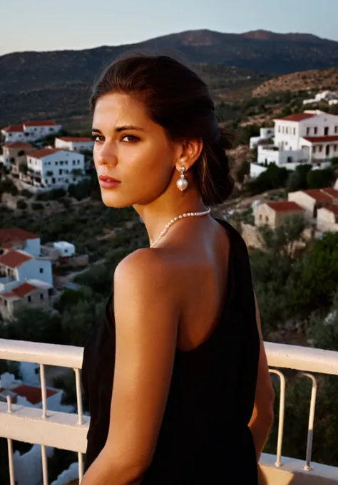 cinematic film still <lora:LittleCaprice_SDXL_v1.0:1>
Photorealistic portrait of (((ohwx woman))), embodying a timeless elegance, captured by Peter Lindbergh. Standing on a balcony overlooking a picturesque Cypriot village at sunset. Dramatic lighting creates long shadows as the sun dips below the horizon, painting the sky in fiery hues. Her flawless skin glows in the fading light, a single pearl earring cascading down her neck. The wide-angle lens captures the breathtaking vista and her statuesque figure.
