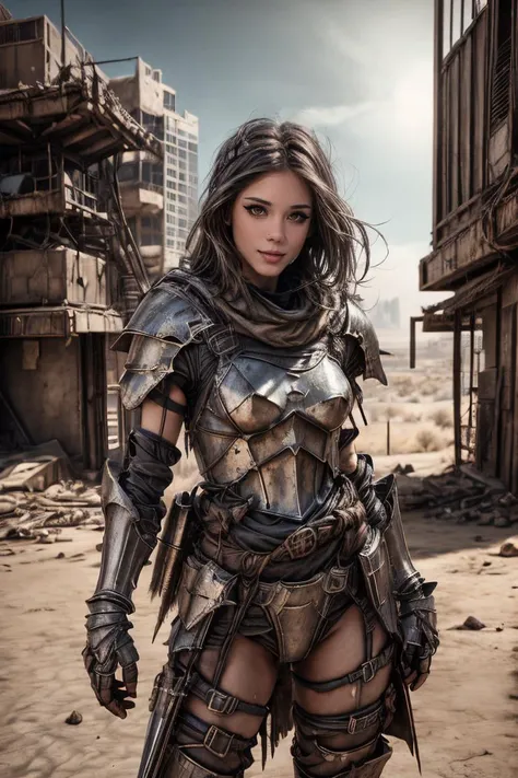 littlecaprice, des3rt4rmor, desertpunk knight armor, post-apocalypse cityscape, octane render unreal engine, volumetrics dtx, (film grain), bokeh <lora:LowRA:0.3> <lora:more_details:1> <lora:LittleCaprice_v1.0:0.8> <lora:Clothing - DesertPunk Armor:0.6>
