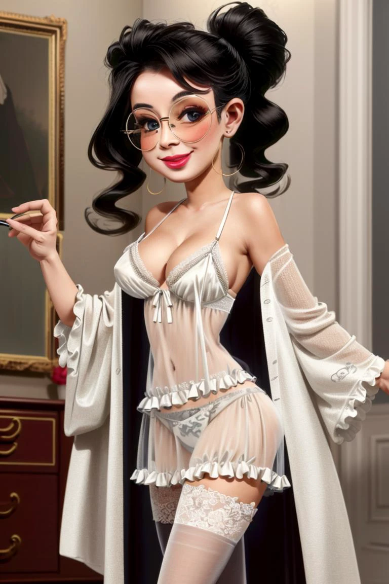 ((best quality)), ((masterpiece)), (detailed),(high-resolution:1.2), adult woman, smiling
Claudia chiffre, glasses
white intricate silk lingerie sheered robe with frills edgTemptation, stockings, see through
<lora:more_details:0.3>