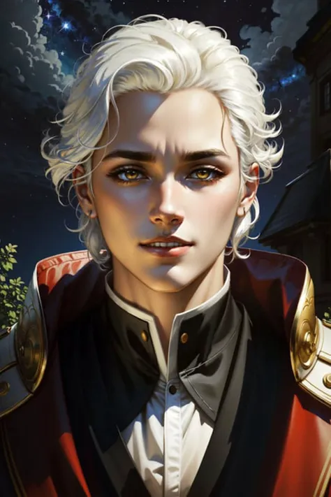 <lora:HadesEmetSelch:.7> Emet Selch,(masterpiece, best quality, ultra-detailed, highres), perfect face, side-lighting, lustrous skin,(bloom), (shine), lighting, ray tracing, solo, 1boy, male focus, yellow eyes, portrait, white hair, star \(sky\), realistic, looking at viewer, blue theme, starry sky, night, sky, lips, smile, depth_of_field, very detailed background, highly detailed background, Masterpiece, Ultra detailed, great composition,Dynamic angle,extremely delicate and beautiful,(Highest picture quality), (Master's work),  depth of field, solo, extreme light and shadow, masterpiece, rich in detail, (fine features), (highest quality), (masterpiece), (detailed eyes), (beautiful) detailed, beautiful detailed eyes,(masterpiece), (best quality), (ultra-detailed), (best illustration),(best shadow),perfect lighting , perfect anatomy , vivid colors,