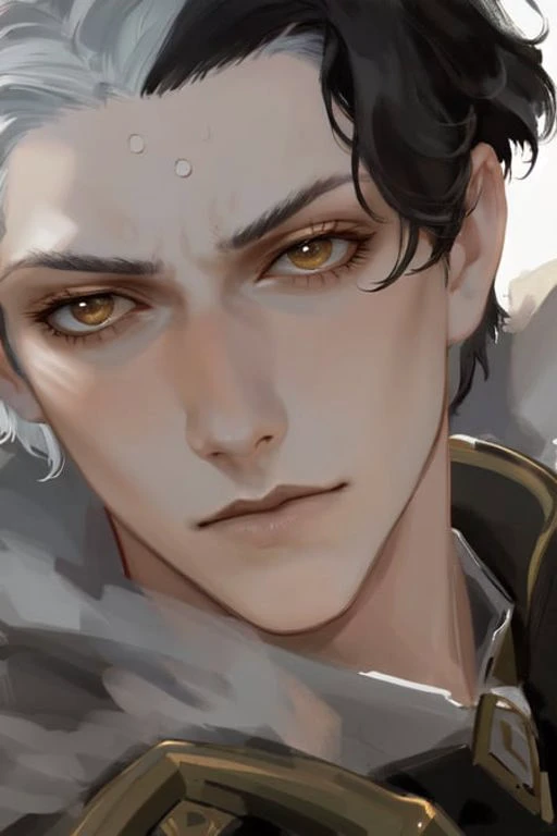 masterpiece, best quality, highres, 1boy, solo, emet selch, white streaked hair, black hair  <lora:HadesEmetSelch:.7> <lora:emetSelchFinalFantasyXIV_whiteStreakedHair:.5>, photorealistic, serious