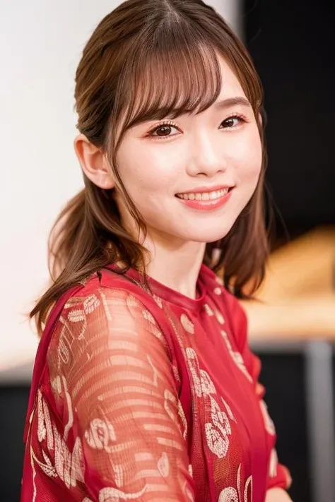1girl, (wearing a red formal dress:1.7),(RAW photo, best quality), (realistic, photo-realistic:1.4), masterpiece, an extremely delicate and beautiful, extremely detailed, 2k wallpaper, Amazing, finely detail, extremely detailed CG unity 8k wallpaper, ultra-detailed, highres, soft light, beautiful detailed girl, extremely detailed eyes and face, beautiful detailed nose, beautiful detailed eyes,cinematic lighting,(on the stage:1.8),perfect anatomy,slender body,smiling,(close up:2.0),(bust-up shot:2.0),(look at viewer from front:2.0),cinematic angle,slender body,(wavy hair), (cleavage:1.2), <lora:hasegawaikumi_lora-02:0.8>