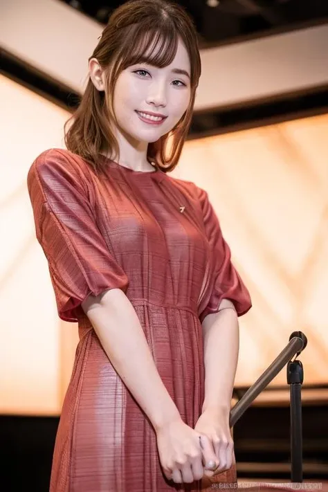 1girl, (wearing a red formal dress:1.7),(RAW photo, best quality), (realistic, photo-realistic:1.4), masterpiece, an extremely delicate and beautiful, extremely detailed, 2k wallpaper, Amazing, finely detail, extremely detailed CG unity 8k wallpaper, ultra-detailed, highres, soft light, beautiful detailed girl, extremely detailed eyes and face, beautiful detailed nose, beautiful detailed eyes,cinematic lighting,(on the stage:1.8),perfect anatomy,slender body,smiling,(close up:2.0),(bust-up shot:2.0),(look at viewer from front:2.0),cinematic angle,slender body,(wavy hair), (cleavage:1.2), <lora:hasegawaikumi_lora-02:0.8>
