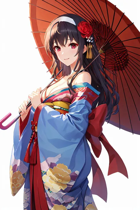 best quality, masterpiece,  ph utaha, 1girl, solo, umbrella, japanese clothes, long hair, kimono, red eyes, black hair, hair ornament, white background, hairband, oil-paper umbrella, simple background, breasts, flower, hair flower, floral print, cleavage, geta, standing, smile, bag, ribbon, sandals, wide sleeves, hair ribbon, sash, medium breasts, off shoulder, holding umbrella, obi, bare shoulders, platform footwear
<lora:Utaha_FB:0.9>
