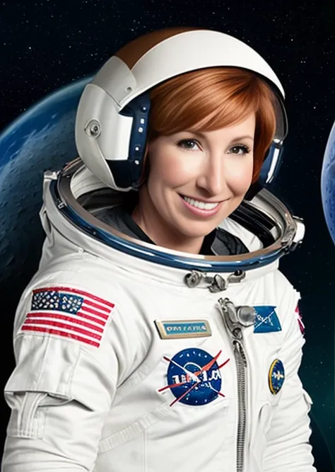 photo of kari byron person, as an astronaut in the moon, hyper realistic photograph, detailed face