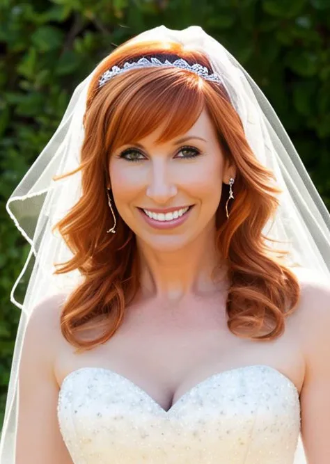 photo of kari byron person, wearing a wedding dress with a veil, transparent clothing, hyper realistic photograph, detailed face