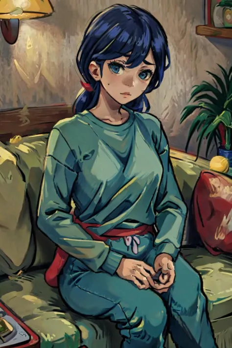 (masterpiece,best quality,cinematic lighting:1.2,colorful),1girl,kanto_mother,teal clothes, (sweatpants,long sleeve shirt:1.1),in cottage,sitting on couch, <lora:kanto_mother:0.7>, <lora:LORA-XenoDetailer-v2:0.2>