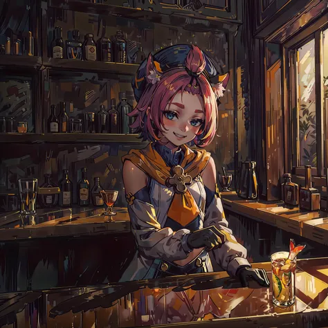 /(masterpiece, best quality, high quality), oilpaint,(colorful), cinematic lighting, 1girl, solo, <lora:diona2-000010:1>, dionadef, dionarnd, cocktail on the bar counter, large window, smile, fangs, upper body, smirk, cafe bar,