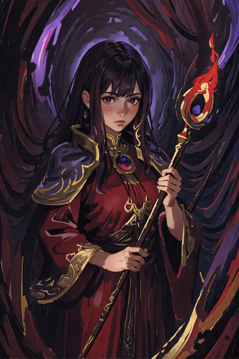 perfect hands, A girl wearing red robes, surrounded by a swirl of purple flames, a staff in hand. Looking at camera, dark red, mystical and arcane, fire. masterpiece, best quality, ultra-detailed, illustration, fantasy, 4k, highly detailed, dark red, purple, realistic, intricate details, beautiful, magic