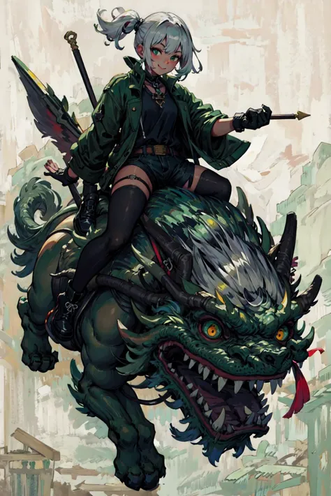 riding monster, white hair,skaditea, smile <lora:Riding Monster [49646]:0.8>black gloves, black shirt, black thighhighs, shorts, open green jacket