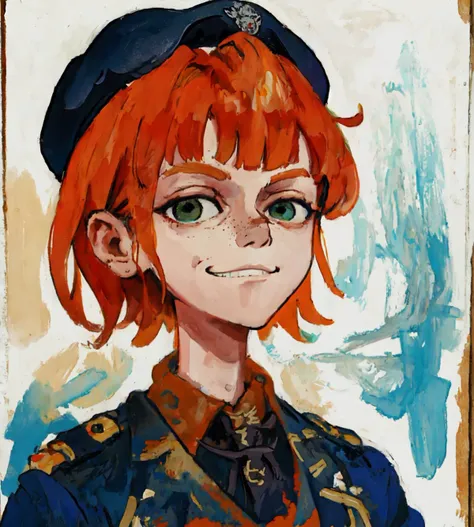 beret short orange hair (a few freckles:0.8) green eyes military uniform tomboy (bandaid on face:0.85) traditional media oil paint drawing <lora:Rifleman [27817]:0.8> (sfw) masterpiece high quality absurdres   closed mouth smirk