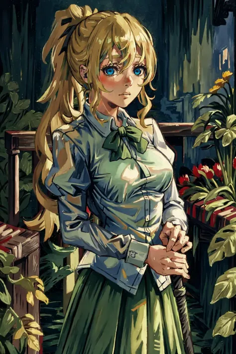 1girl,lilly,messy blonde hair,ponytail,school uniform,white shirt,green skirt,medium breasts,cane,blue eyes,(empty eyes:1.1),in Scottish countryside,swampy plains,field, <lora:LillySatou:0.9>, <lora:LORA-XenoDetailer-v2:0.1>