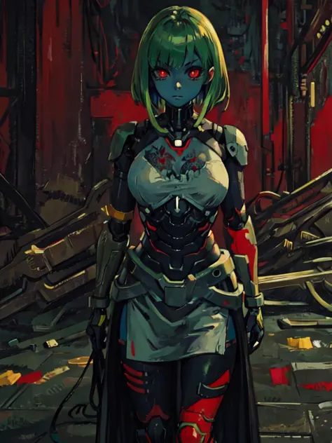 ((masterpiece)),((best quality)),1girl,red sclera,red pupils,cyborgunder,tattoo,green hair,colored skin,