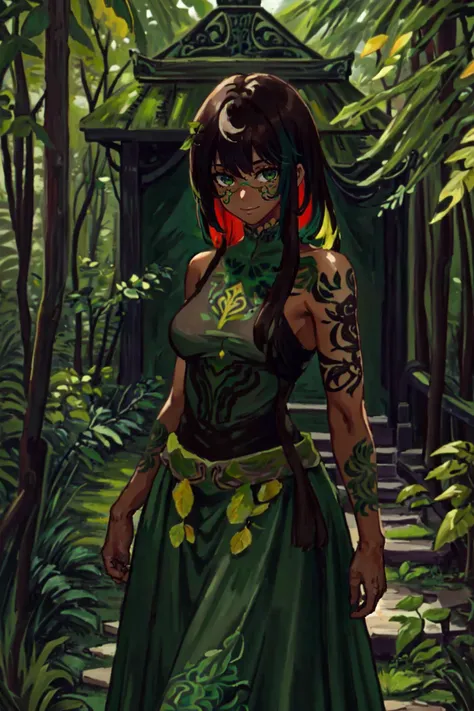 ((best quality)), ((highly detailed)), masterpiece, (detailed eyes, deep eyes), (1girl), (dryad), (((moss_hair:1.6, multi colored hair, brown and green hair, Jungle green colored inner hair, leaves in hair))), (((dark brown skin:1.5))), (serene smile), green eyes, tall woman, ((intricate tattoos:1.4)), (green tattoos), (rune tattoos), nature, ((leaf skirt, clothes made of plants:1.4)), medium breasts, mushrooms, (at a mausoleum), <lora:colored inner hair:1>