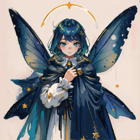 [(white background:1.2)::5], masterpiece, best quality, 1girl, fairy wings, blue eyes, cape, long sleeves, space background, stars, gothic, fantasy dark colors, short green hair, solo, spot color