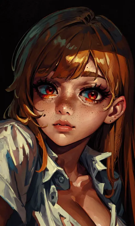 (masterpiece, best quality:1.2), extremely detailed, soft ambient lighting, sharp focus, 4K,
(1boy:1.2), (tomboy:1.2), close-up face,
long hair,
red eyes, (eyelashes, long eyelashes, thick eyelashes:1.2), looking at viewer, half-closed eyes, (slit pupils:1.2),
(freckles:1.2), closed mouth, puffy lips, lips,
white shirt, short sleeves, cleavage,
(medium breasts:1.2),
<lora:Tomboy [111748]:1>