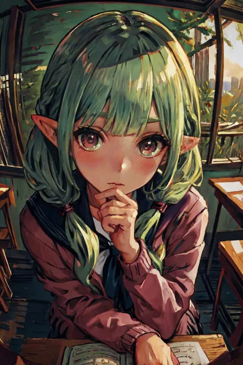 art by aha, watercolor \(medium\), masterpiece, best quality, extremely detailed, detailed background, detailed face, BREAK 1girl, (wavy hair, light green hair, light red eyes, long eyelashes:1.3), french braid, braid, very long hair, short girl, parted lips, blush, narrow body, (looking at viewer:1.2), petite, blunt bangs, parted bangs, pointy ears, BREAK serafuku, open cardigan, argyle, low twintails, BREAK (facing viewer:1.2), sitting on school desk, BREAK (from above:1.1), pov, close-up, fisheye, classroom, dappled sunlight, crossed legs, dusk, cinematic lighting,