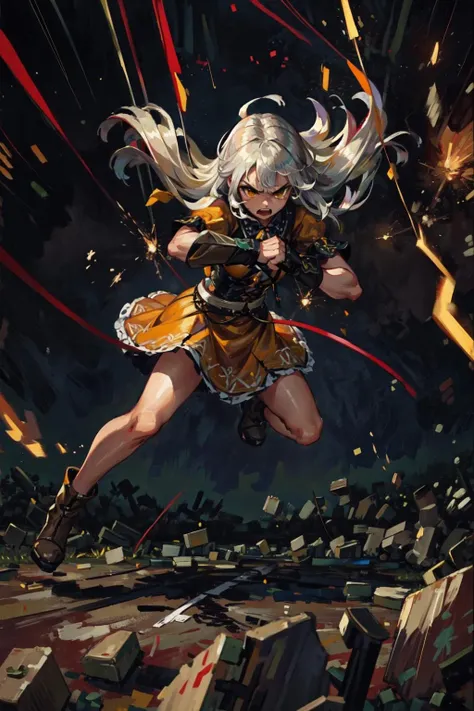 masterpiece, best quality,
1girl, solo, (motion lines:1.1), bloom, cinematic lighting, full body, white hair, yellow eyes, intricate skirt, (fighting:1.2), angry, (thunder:1.3), (flying sparks), dynamic angle