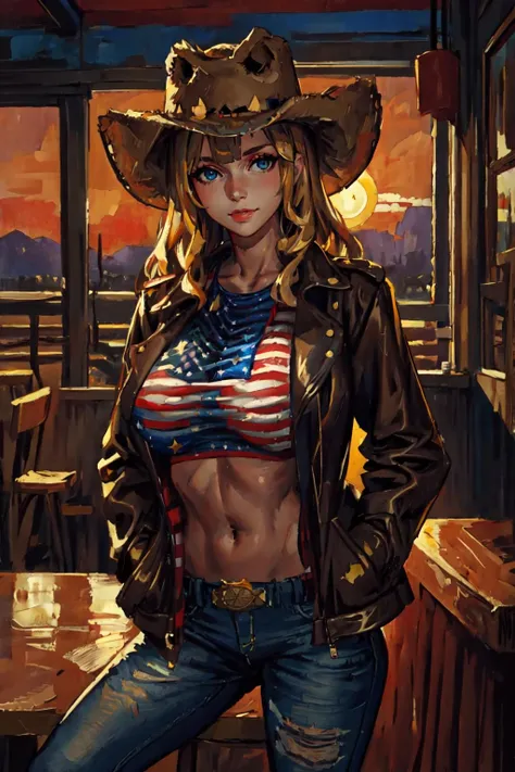 (high quality, best quality, masterpiece), oilpaint 1girl, finely detailed beautiful face, dark intense shadows, long blonde hair, wavy hair, leather jacket, ((american flag shirt)), crop top, navel, short pants, short jeans, blue eyes, mature female, [pink lips], looking at the viewer, window, sunshine, cowboy, sheriff badge, ((cowboy (hat))), bar, sunset, sitting on chair, large breasts, light smile, hands in pockets, depth of field, looking at the viewer, extremely detailed fingers,