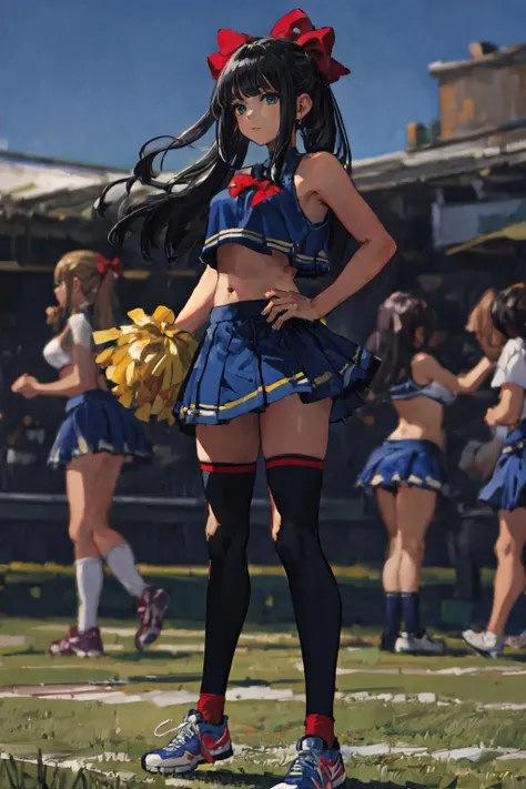 masterpiece, best quality, extremely detailed, detailed face, BREAK black hair, skirt, multiple girls, solo focus, long hair, thighhighs, bow, cheerleader, shoes, sneakers, ball, outdoors, socks, kneehighs, hair bow, midriff, 1girl, blue skirt, red bow, crop top, over-kneehighs, blurry, blurry background