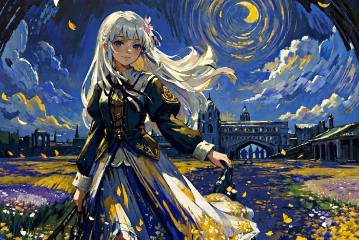 (masterpiece, best quality, high quality), oilpaint, 1girl, (colorful), cinematic lighting, bust shot, white hair, solo, smile, intricate skirt, (flying petal), (Flowery meadow), sky, cloudy sky, building, moonlight, moon, night, (dark theme), fantasy