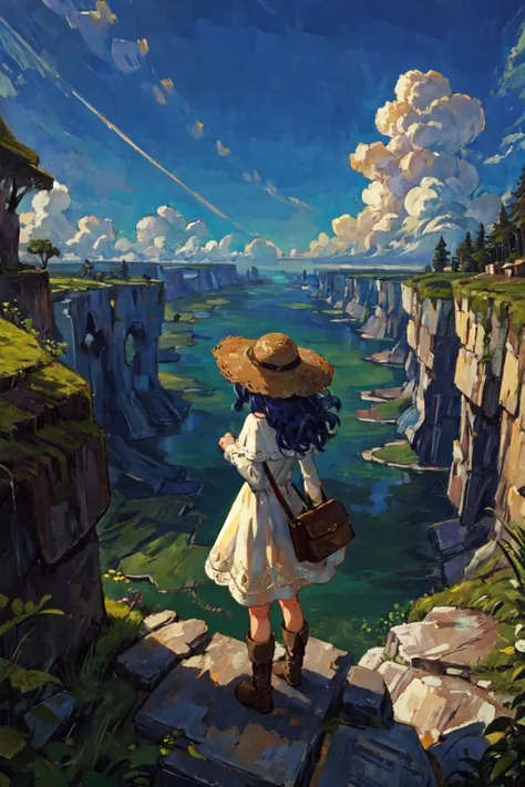 masterpiece, best quality, extremely detailed, detailed background, BREAK 1girl, solo, wavy hair, blue hair, blue eyes, outdoors, long hair, scenery, cloud, ocean, sky, day, bag, water, dress, horizon, rock, standing on cliff, dangerous cliff, high place, high cliff, boots, blue sky, brown footwear, long sleeves, from behind, facing viewer, looking back, from above, straw hat, white dress, wide shot, facing away, capelet, sun hat, cloudy sky, strong sunlight, moss, overgrown, off shoulder, clenched hands, wind,