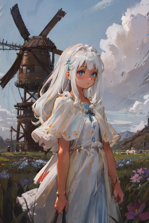 masterpiece, best quality, extremely detailed, detailed background, detailed face, BREAK field, flower, outdoors, scenery, sky, cloud, flower field, blue flower, windmill, day, 1girl, blue sky, blue eyes, solo, grass, wide shot, standing, white hair, long hair, cloudy sky, shirt, (wavy hair:1.1), petite, white sundress, capelet, frills, off shoulder, blush, shiny, glowing, overexposure, strong sunlight,