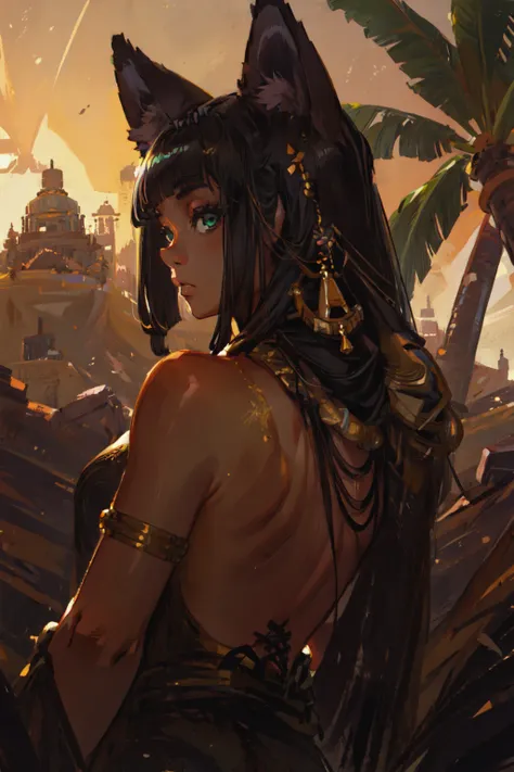 (masterpiece, best quality:1.2), extremely detailed, ambient soft lighting,  1girl, solo, upper body, sitting, from behind, from below, black hair, long hair, blunt bangs, blunt ends, long sidelocks, jackal, jackal ears, green eyes, tsurime, long eyelashes, thick eyelashes, looking at viewer, looking back, looking down, egyptian clothes, jewelry, gold, gold trim, outdoors, palm tree, desert, sand,