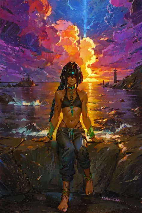sle, best quality, masterpiece, highres, flat chest, solo, judal, neck ring, midriff, black pants, black hair, choker, single braid, crop top, bracelet, pants, male focus, long hair, navel, 1boy, groin, red eyes, abs, full body, earrings, toned male, grin, harem pants, jewelry, blue hair, baggy pants, sitting, androgynous, barefoot, very long hair, braid
BREAK
leg lift, ass focus, beach cliff, beach, cliff, ocean, evening, stormy, striking, scenic, low contrast
